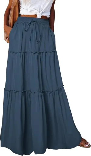 Silk Maxi Skirts for Women Long Tiered Elastic High Waisted Skirts Drawstring Pleated Dance Flowy Skirt with Pockets