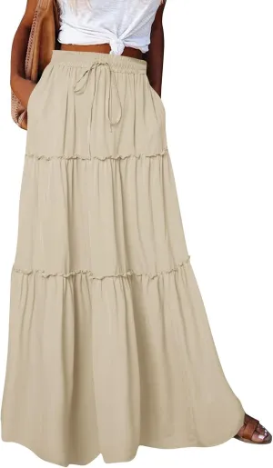 Silk Maxi Skirts for Women Long Tiered Elastic High Waisted Skirts Drawstring Pleated Dance Flowy Skirt with Pockets