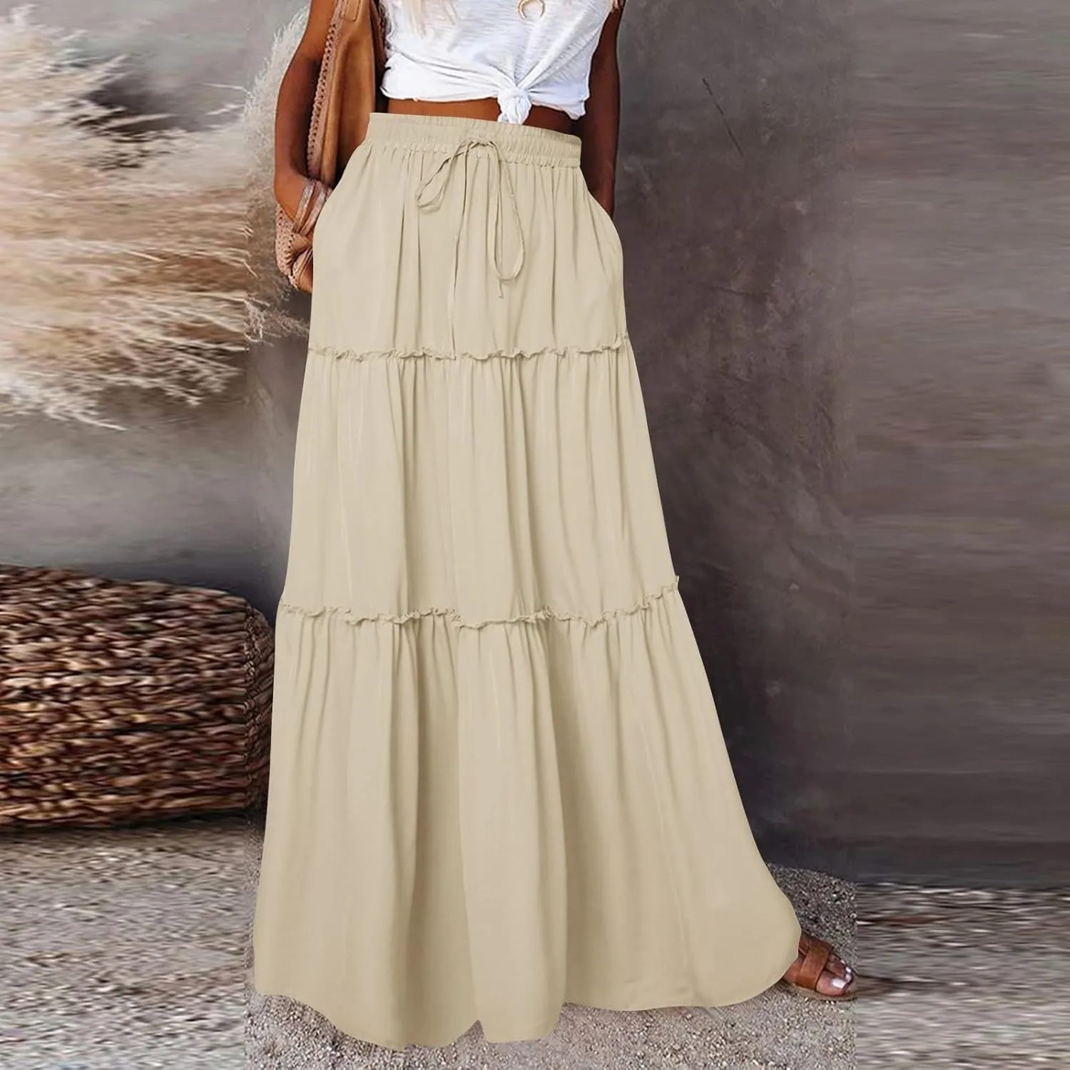 Silk Maxi Skirts for Women Long Tiered Elastic High Waisted Skirts Drawstring Pleated Dance Flowy Skirt with Pockets