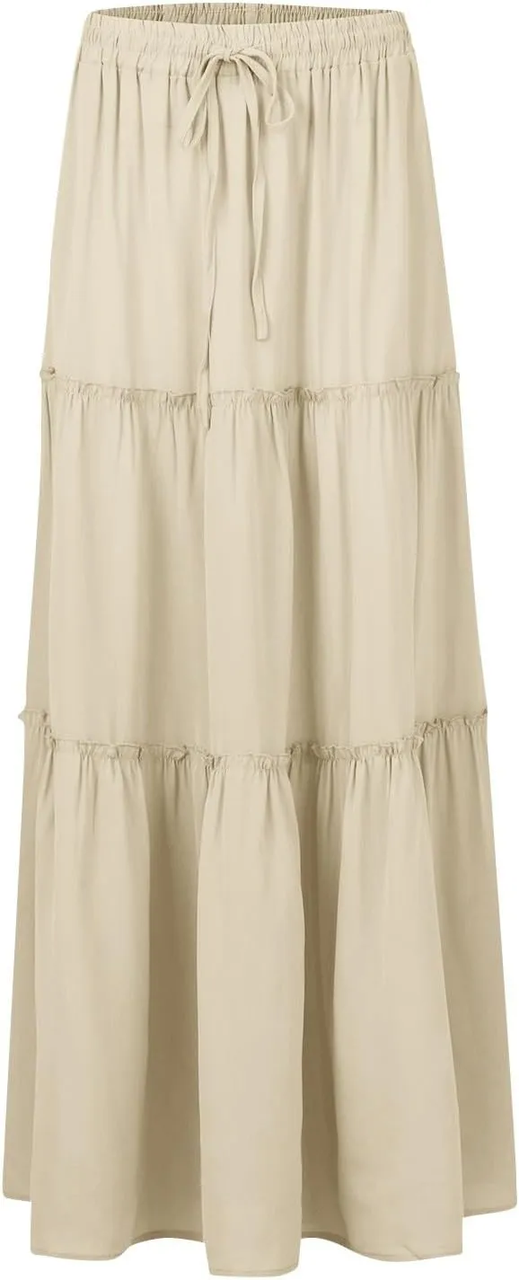 Silk Maxi Skirts for Women Long Tiered Elastic High Waisted Skirts Drawstring Pleated Dance Flowy Skirt with Pockets