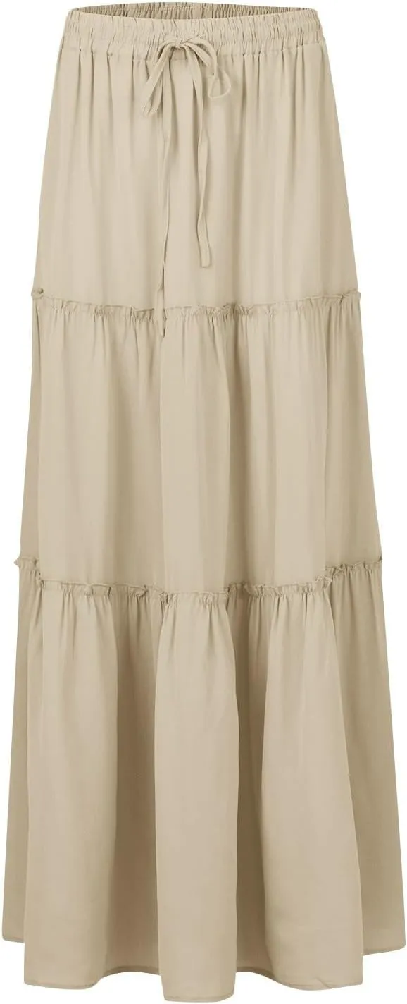 Silk Maxi Skirts for Women Long Tiered Elastic High Waisted Skirts Drawstring Pleated Dance Flowy Skirt with Pockets