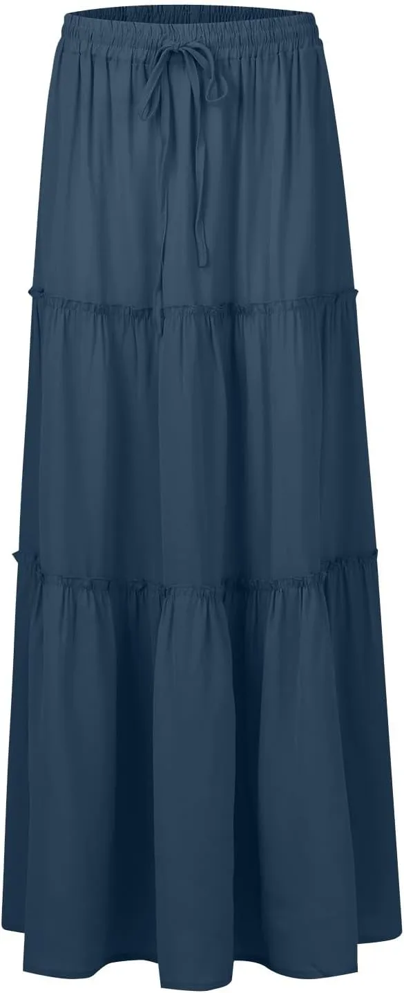 Silk Maxi Skirts for Women Long Tiered Elastic High Waisted Skirts Drawstring Pleated Dance Flowy Skirt with Pockets