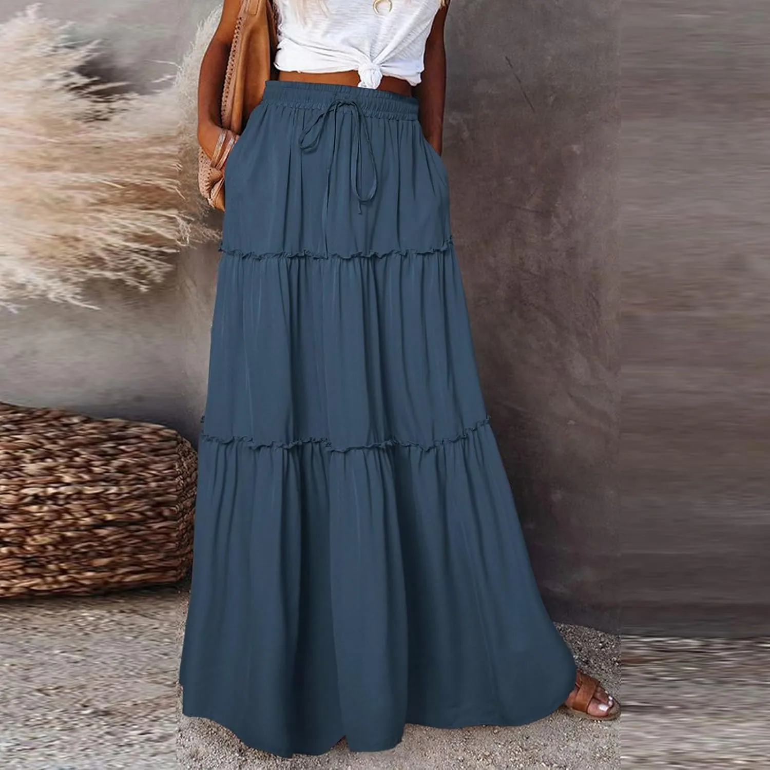 Silk Maxi Skirts for Women Long Tiered Elastic High Waisted Skirts Drawstring Pleated Dance Flowy Skirt with Pockets