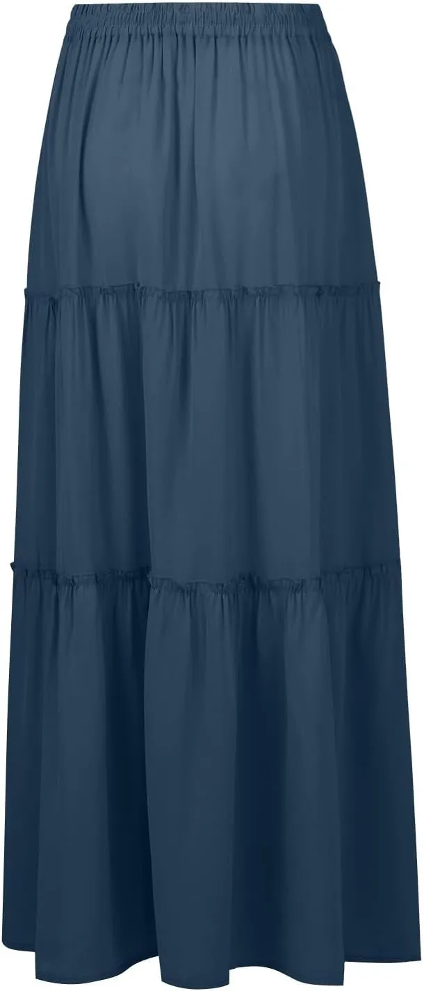 Silk Maxi Skirts for Women Long Tiered Elastic High Waisted Skirts Drawstring Pleated Dance Flowy Skirt with Pockets