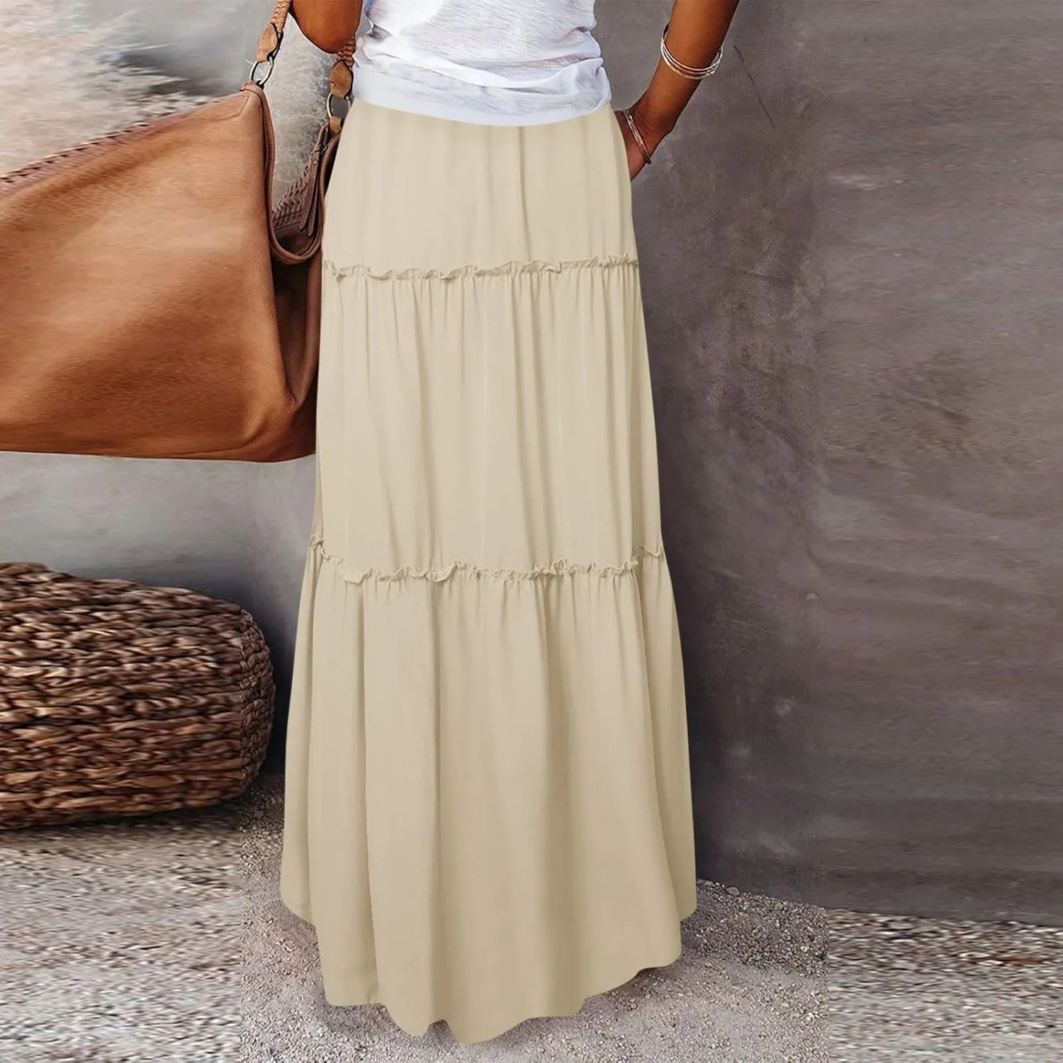 Silk Maxi Skirts for Women Long Tiered Elastic High Waisted Skirts Drawstring Pleated Dance Flowy Skirt with Pockets
