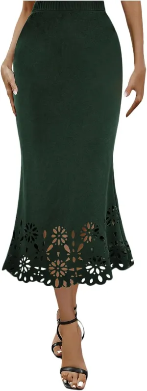 Skirts for Women Midi Length Elastic High Waist Hollow Lace Flower Fishtail Pencil Bodycon Going Out Long Skirt