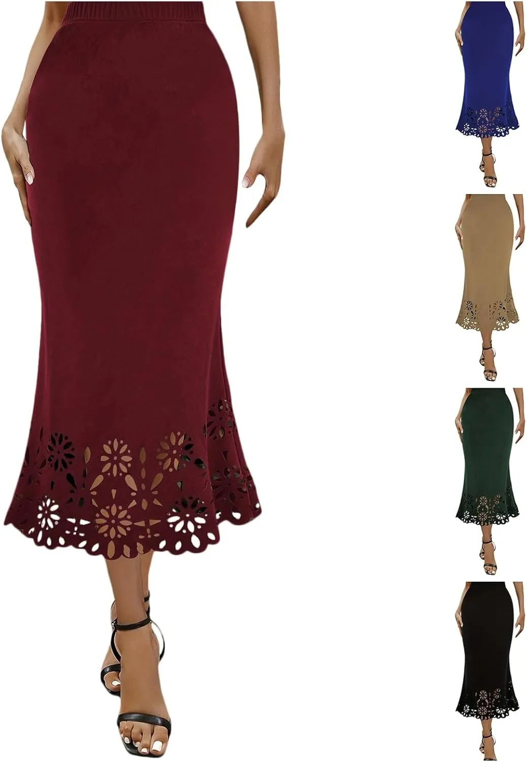 Skirts for Women Midi Length Elastic High Waist Hollow Lace Flower Fishtail Pencil Bodycon Going Out Long Skirt