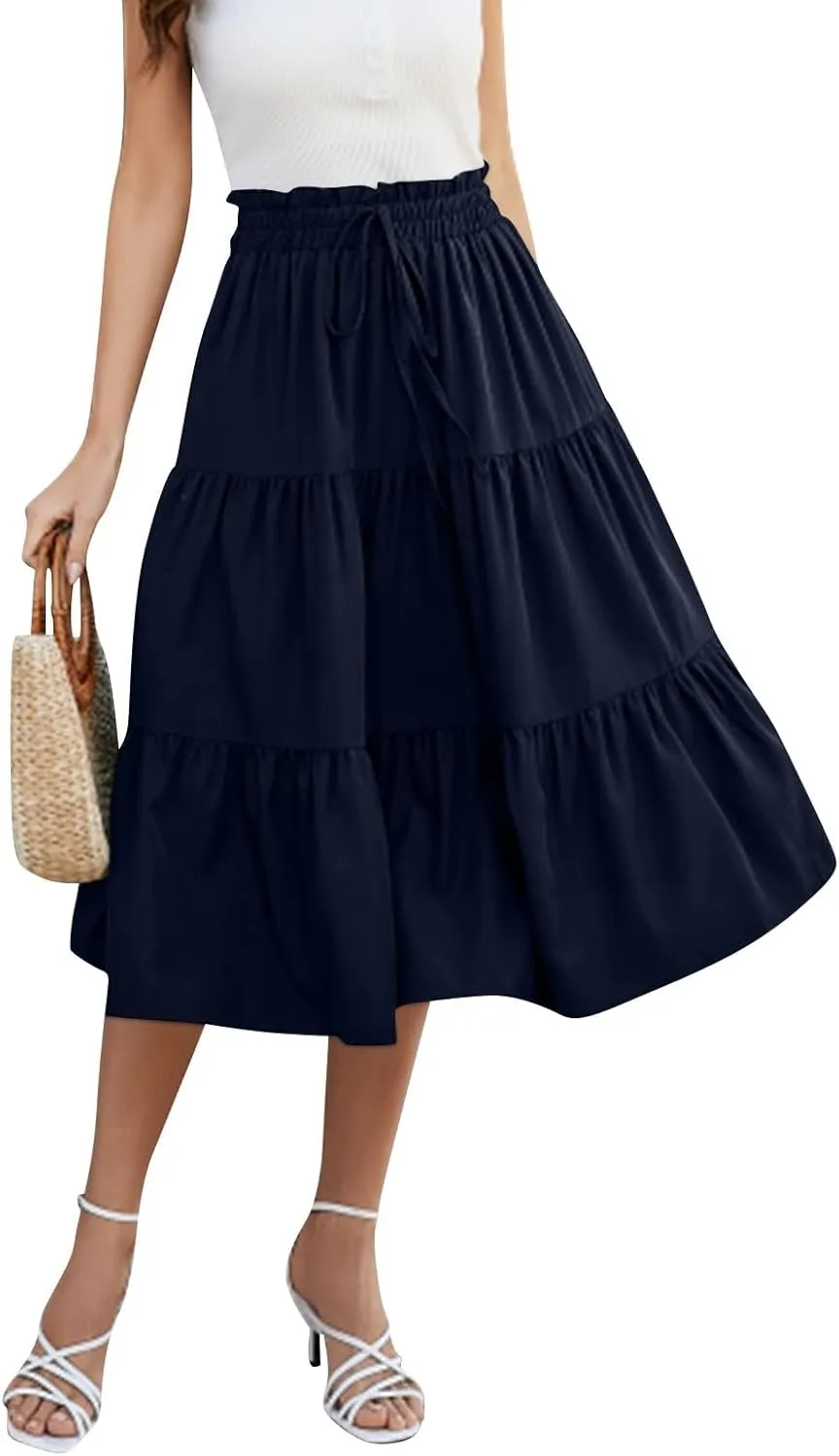Skirts for Women Midi Length Floral Tiered Skirt Drawstring Summer Flowy Flowy Vacation A Line Skirt with Pockets