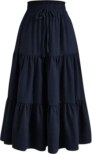 Skirts for Women Midi Length Floral Tiered Skirt Drawstring Summer Flowy Flowy Vacation A Line Skirt with Pockets