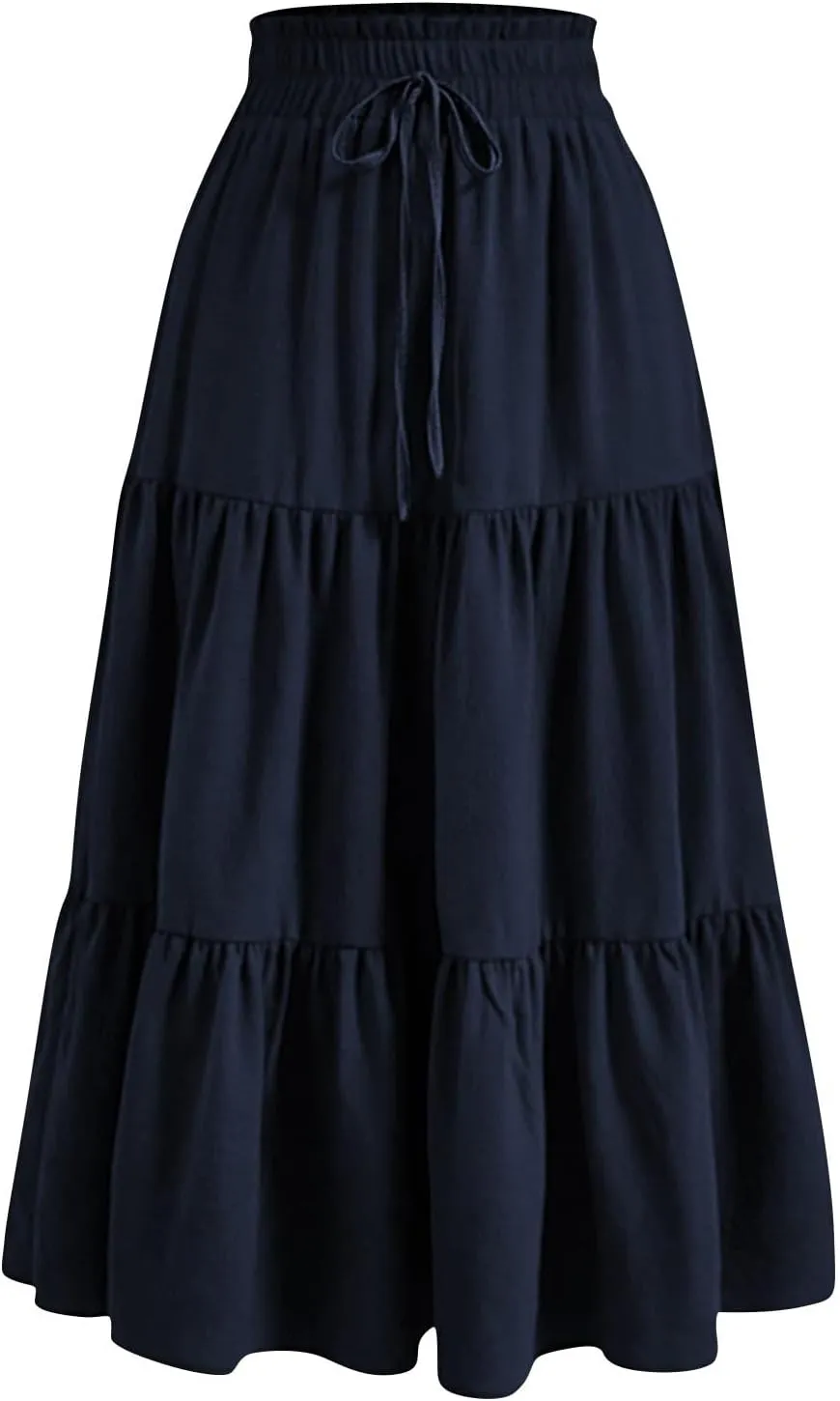 Skirts for Women Midi Length Floral Tiered Skirt Drawstring Summer Flowy Flowy Vacation A Line Skirt with Pockets