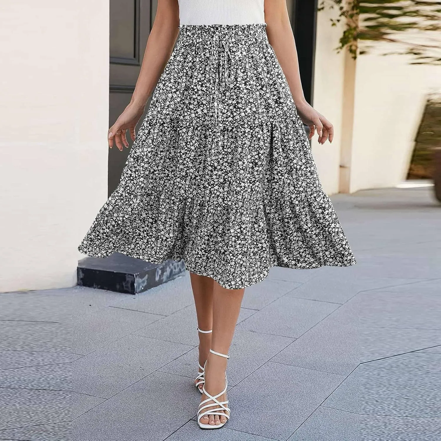 Skirts for Women Midi Length Floral Tiered Skirt Drawstring Summer Flowy Flowy Vacation A Line Skirt with Pockets
