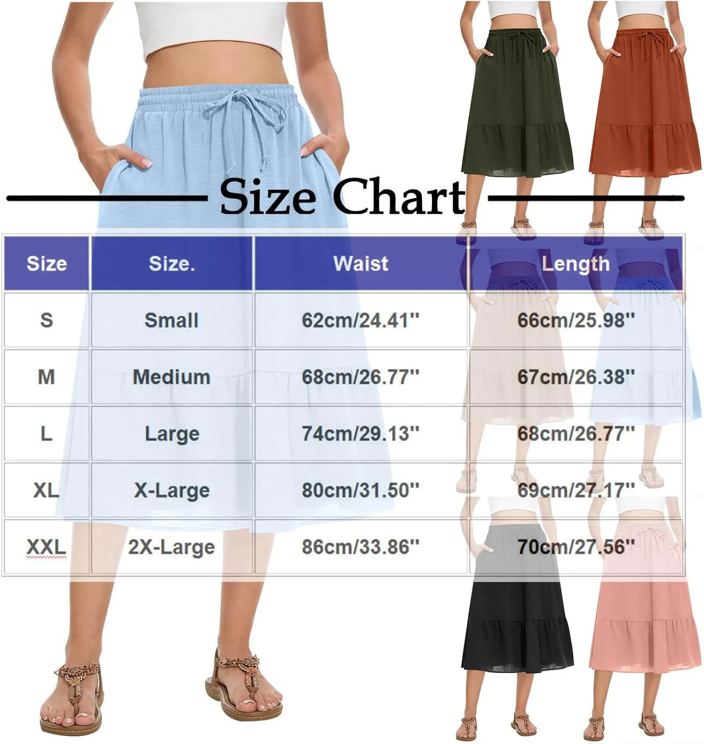Skirts for Women Summer Flowy Skirts Midi Ruffle Skirt High Waisted Pleated Skirts Drawstring A Line Skirt for Travel