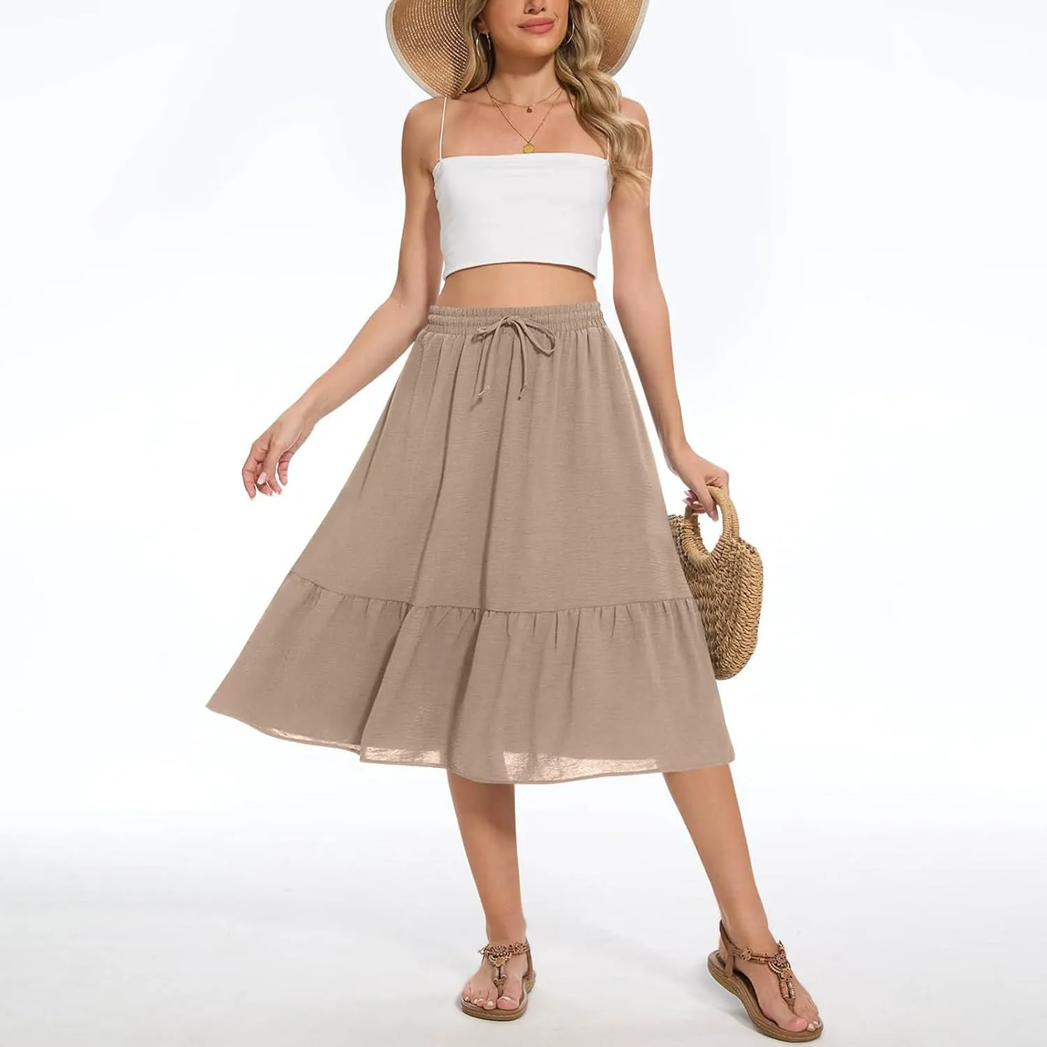 Skirts for Women Summer Flowy Skirts Midi Ruffle Skirt High Waisted Pleated Skirts Drawstring A Line Skirt for Travel