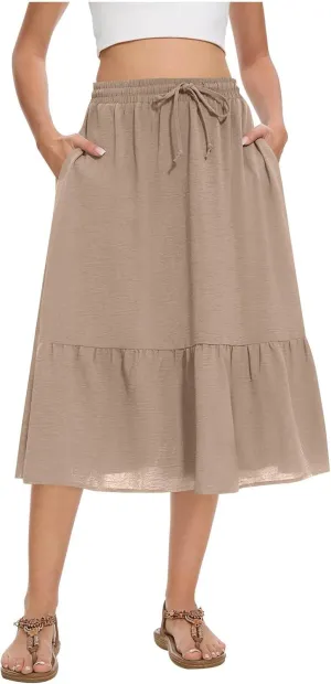 Skirts for Women Summer Flowy Skirts Midi Ruffle Skirt High Waisted Pleated Skirts Drawstring A Line Skirt for Travel