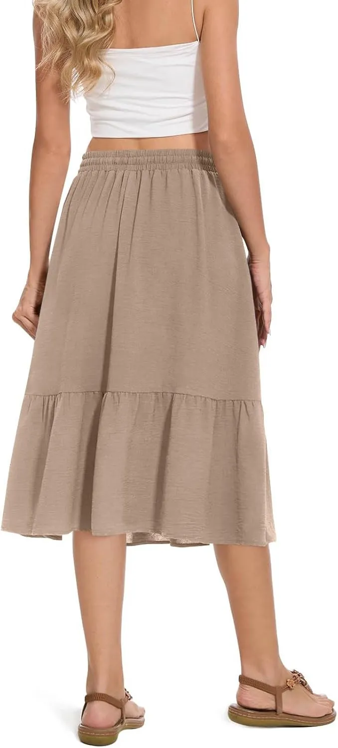 Skirts for Women Summer Flowy Skirts Midi Ruffle Skirt High Waisted Pleated Skirts Drawstring A Line Skirt for Travel