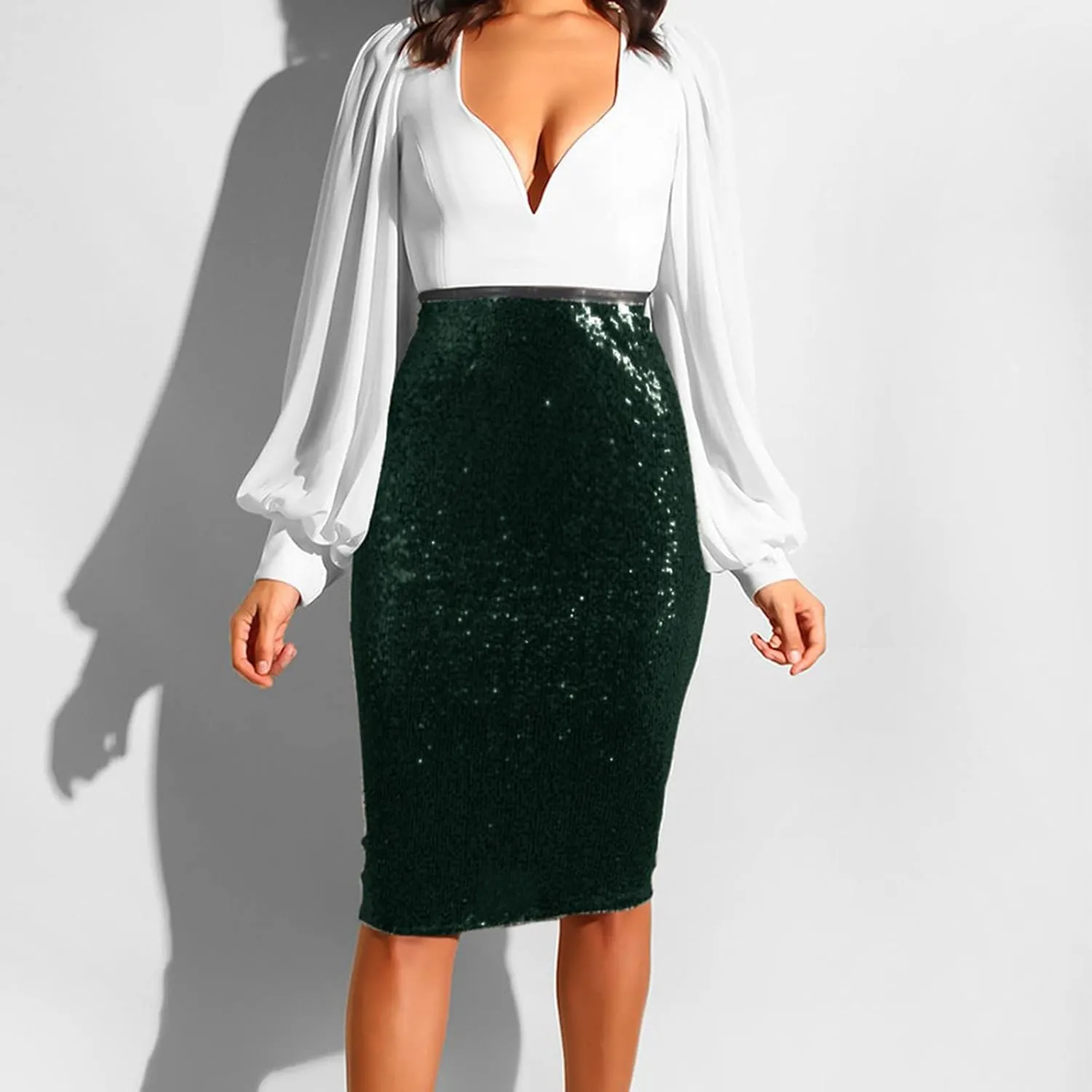 Skirts for Women Trendy Sequin High Elastic Waist Slim Fit Midi Length Pencil A-Line Skirts Fashion Clubwear