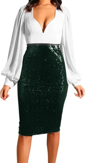 Skirts for Women Trendy Sequin High Elastic Waist Slim Fit Midi Length Pencil A-Line Skirts Fashion Clubwear