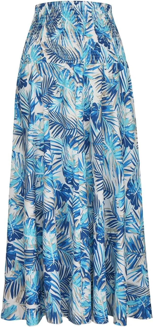 Skirts for Women Trendy Summer Ruffle Smocked High Waist Stretch Bohemian Skirt Fashion Floral Print Boho Maxi Skirts