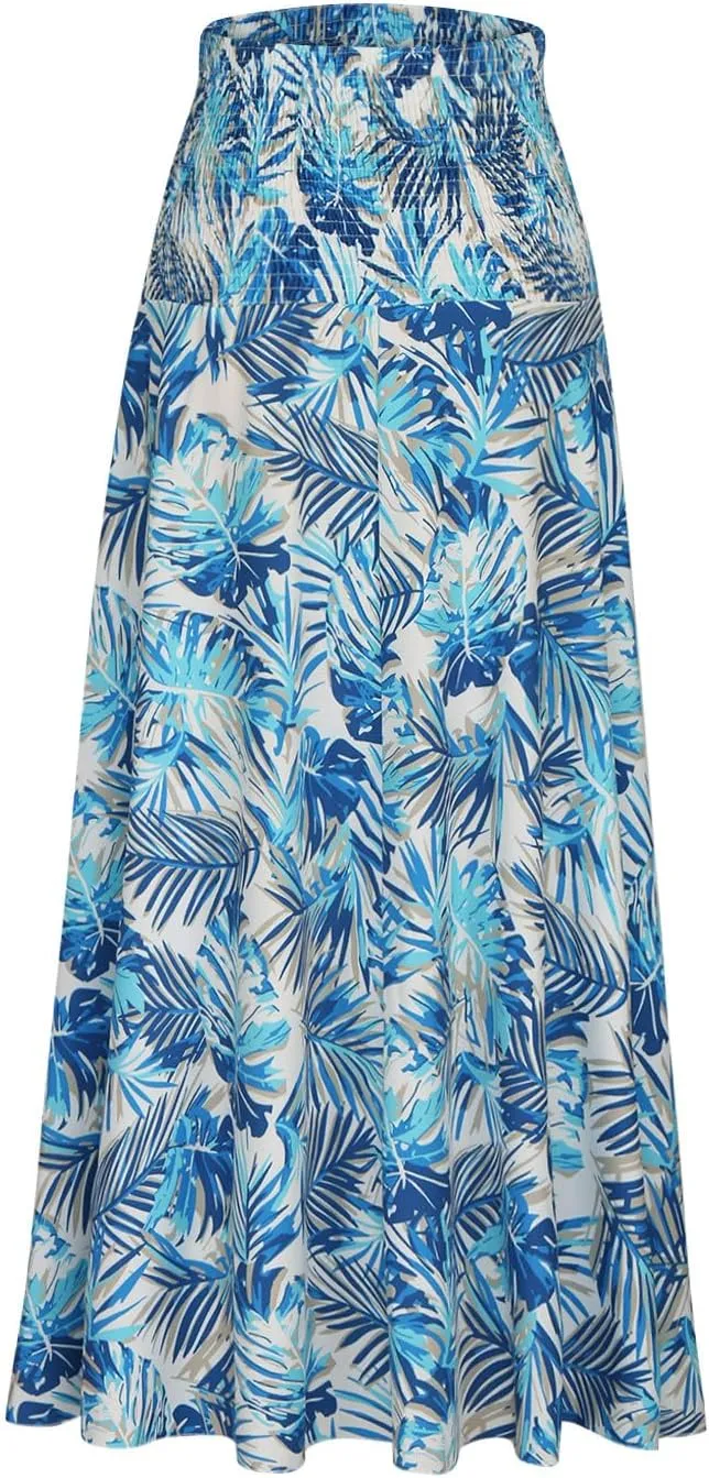 Skirts for Women Trendy Summer Ruffle Smocked High Waist Stretch Bohemian Skirt Fashion Floral Print Boho Maxi Skirts