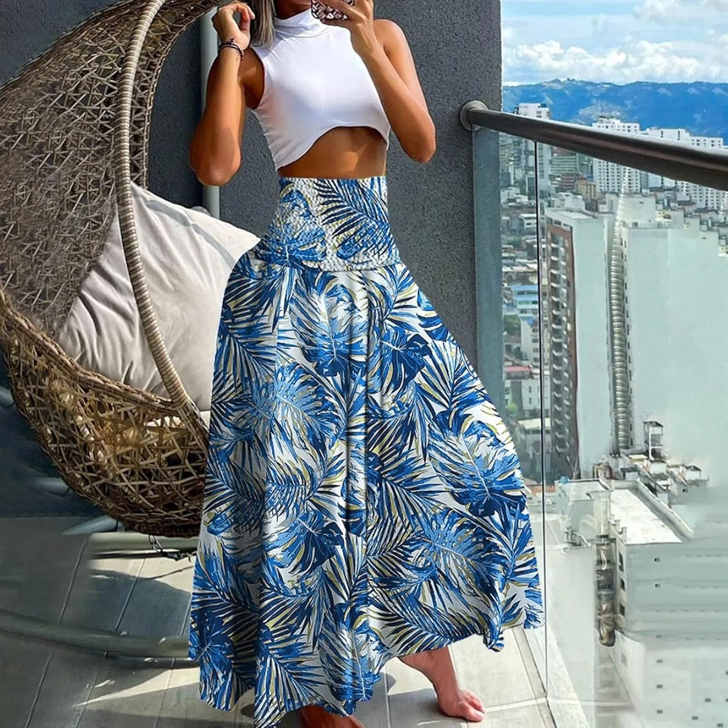 Skirts for Women Trendy Summer Ruffle Smocked High Waist Stretch Bohemian Skirt Fashion Floral Print Boho Maxi Skirts