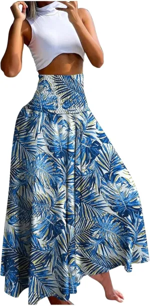 Skirts for Women Trendy Summer Ruffle Smocked High Waist Stretch Bohemian Skirt Fashion Floral Print Boho Maxi Skirts