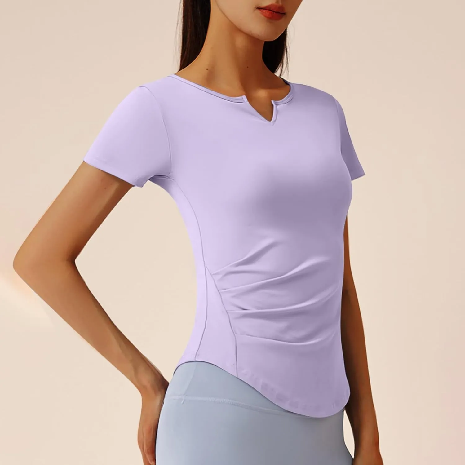 Soft Workout Tops for Women Short Sleeve Sun Shirt V Notch Slim Fitted Athletic Yoga Shirts Quick Dry Gym Running Top
