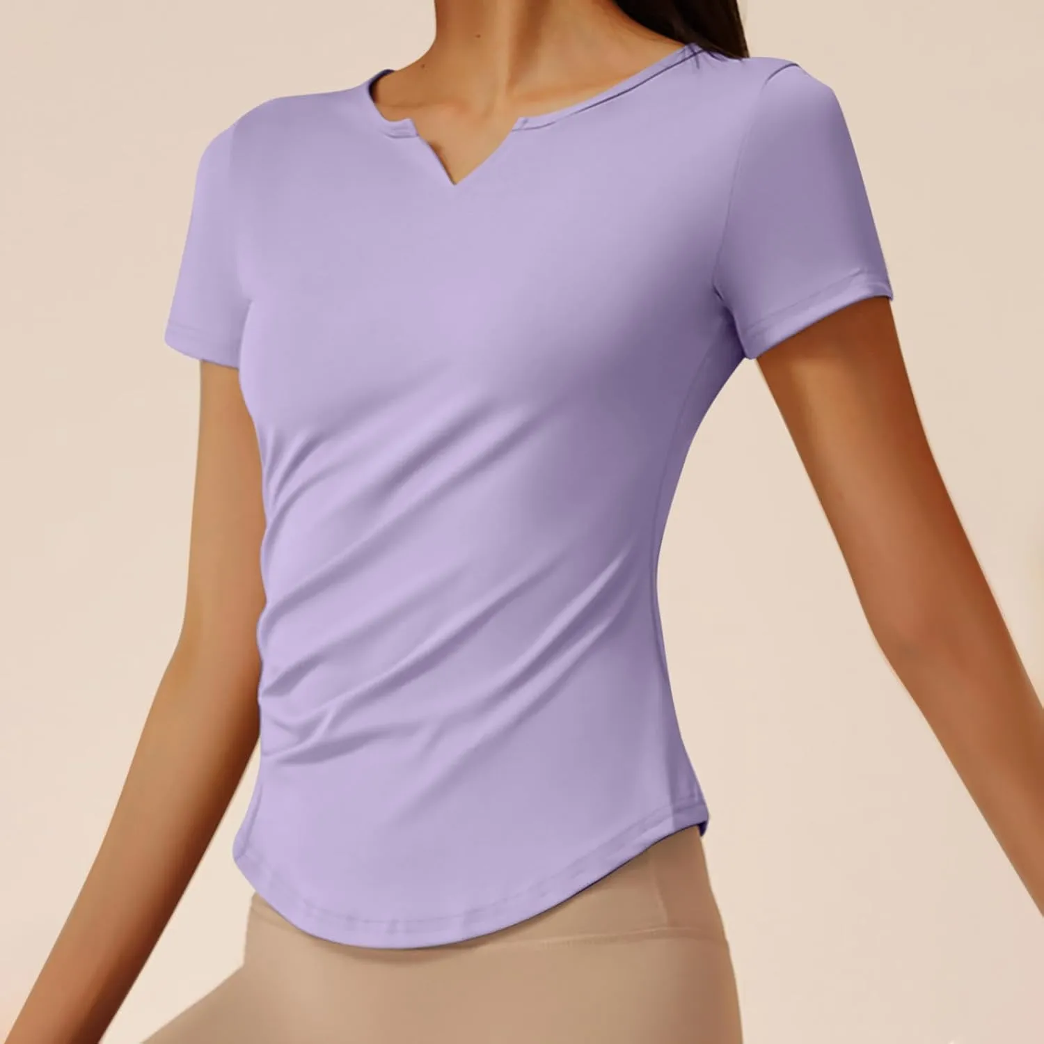 Soft Workout Tops for Women Short Sleeve Sun Shirt V Notch Slim Fitted Athletic Yoga Shirts Quick Dry Gym Running Top