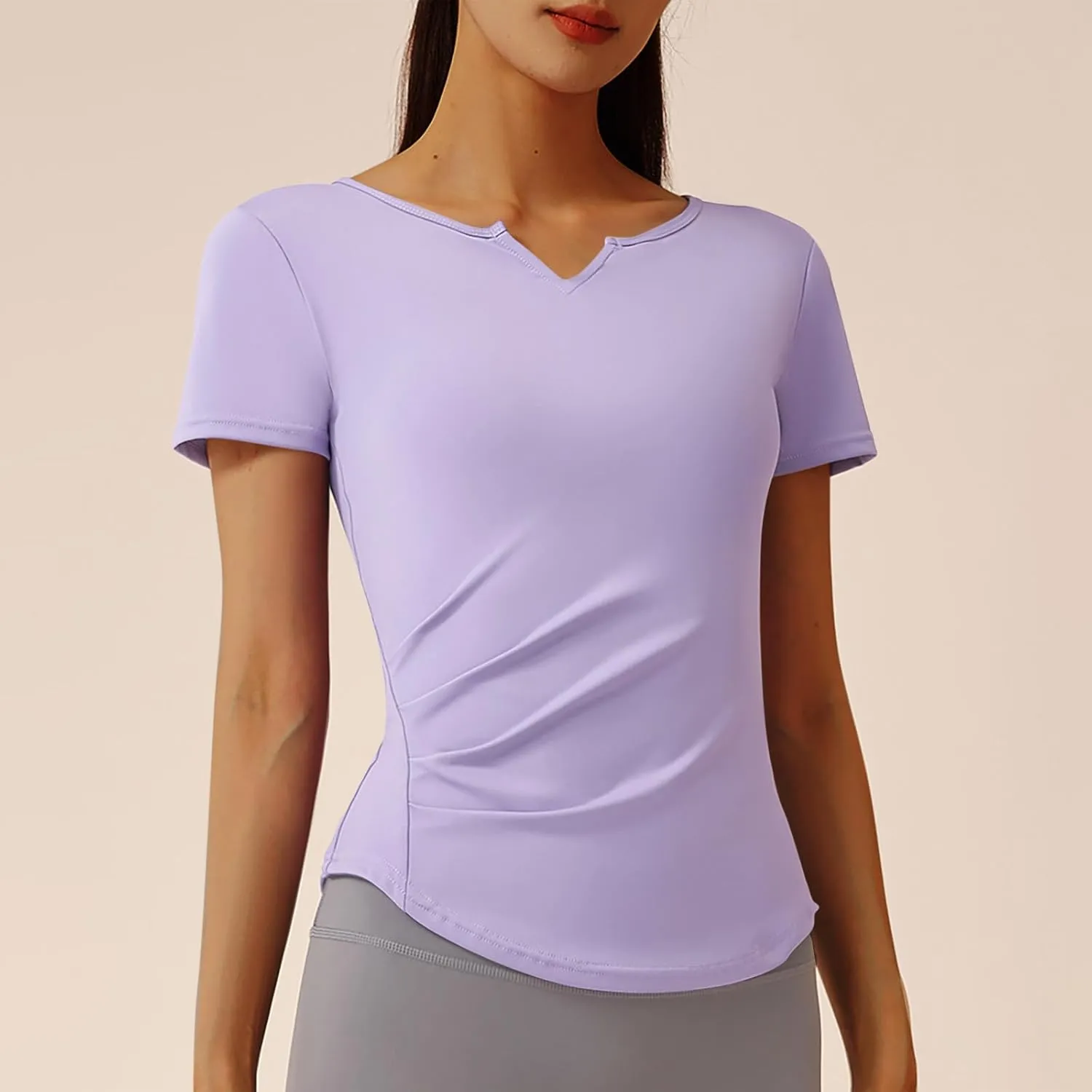 Soft Workout Tops for Women Short Sleeve Sun Shirt V Notch Slim Fitted Athletic Yoga Shirts Quick Dry Gym Running Top