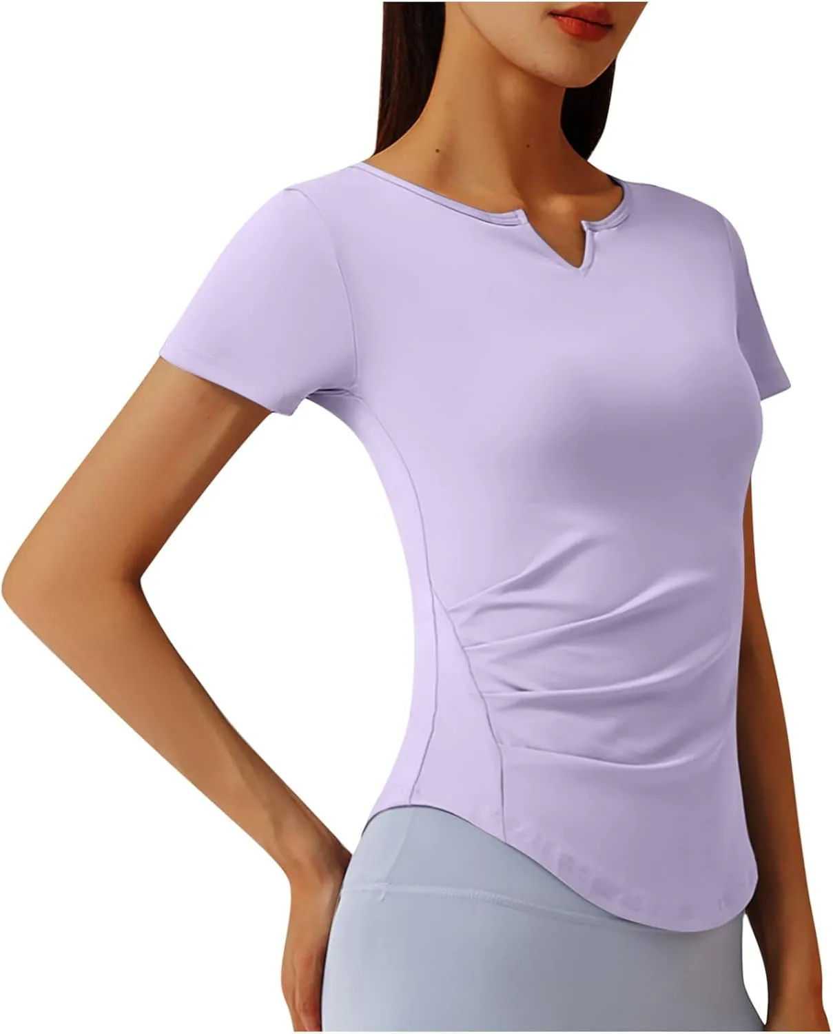 Soft Workout Tops for Women Short Sleeve Sun Shirt V Notch Slim Fitted Athletic Yoga Shirts Quick Dry Gym Running Top