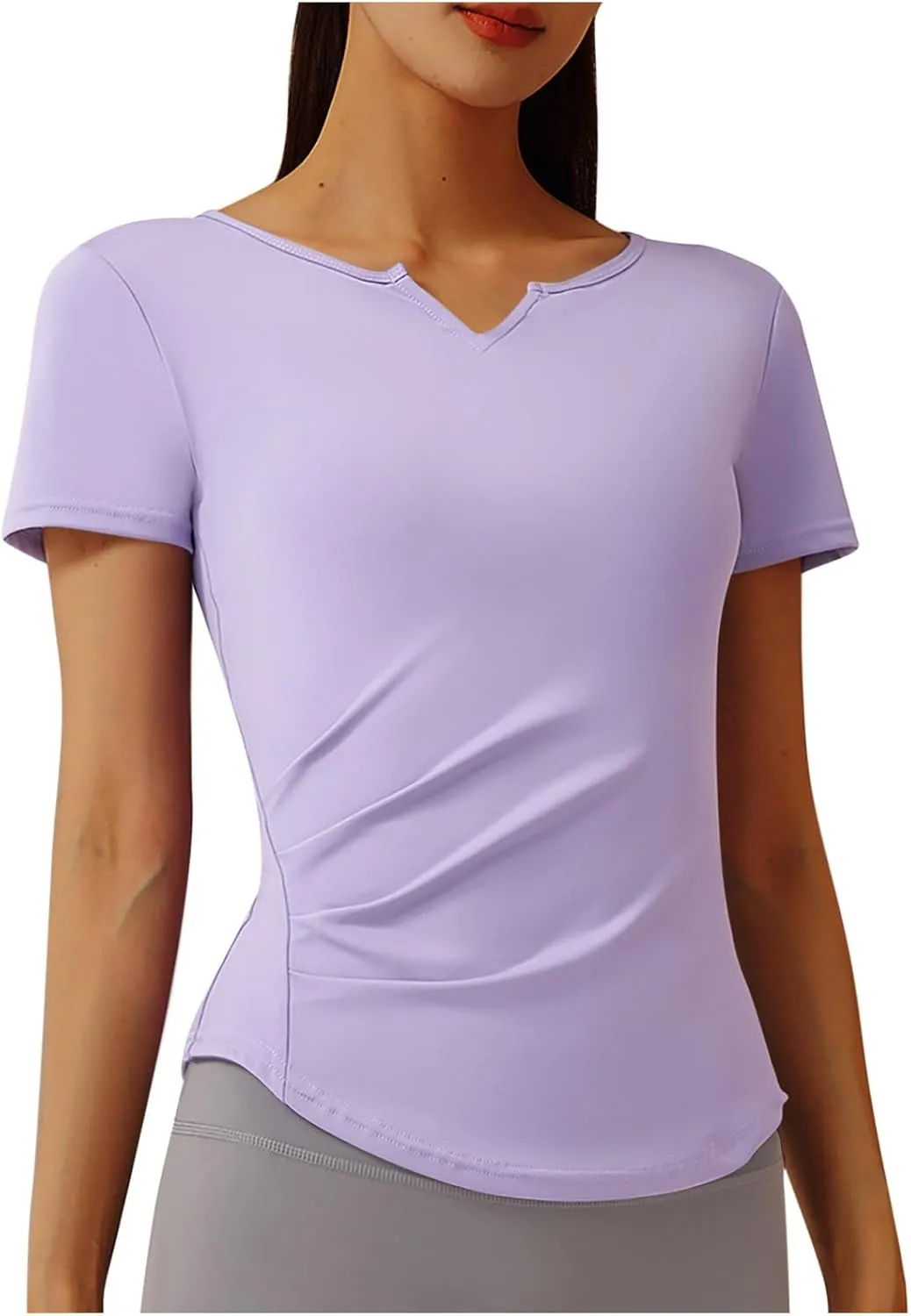 Soft Workout Tops for Women Short Sleeve Sun Shirt V Notch Slim Fitted Athletic Yoga Shirts Quick Dry Gym Running Top