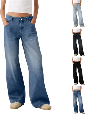 Straight Leg Jeans for Women,Trendy Retro High Waisted Wide Leg Stretch Boyfriend Denim Pants
