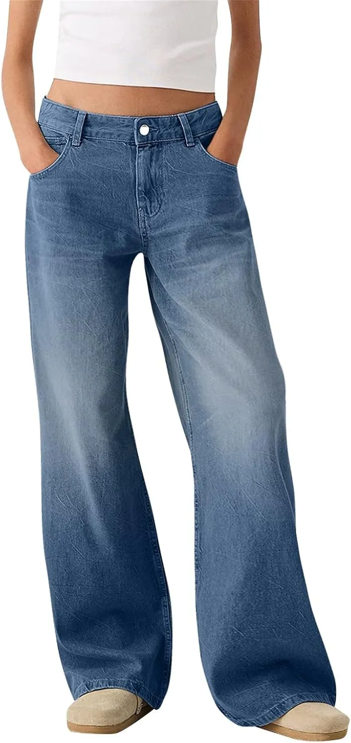 Straight Leg Jeans for Women,Trendy Retro High Waisted Wide Leg Stretch Boyfriend Denim Pants
