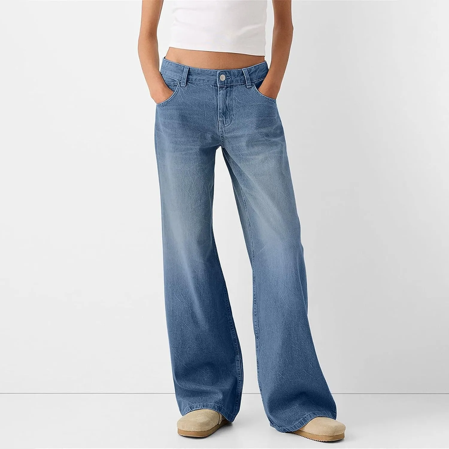 Straight Leg Jeans for Women,Trendy Retro High Waisted Wide Leg Stretch Boyfriend Denim Pants