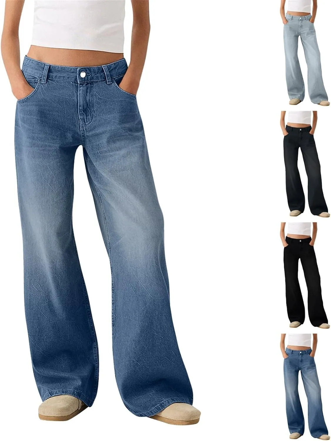 Straight Leg Jeans for Women,Trendy Retro High Waisted Wide Leg Stretch Boyfriend Denim Pants