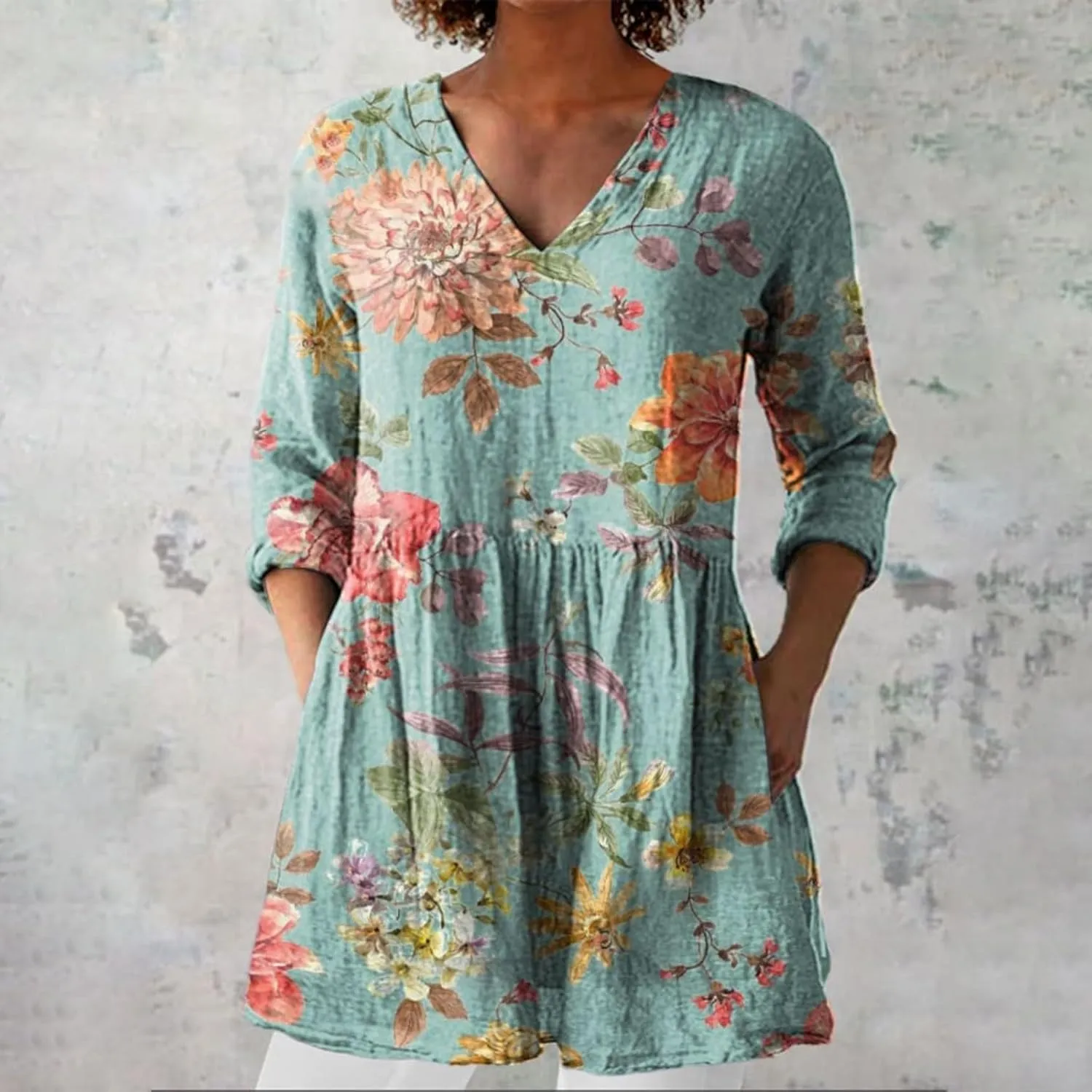 Summer 3/4 Sleeve Womens Tops V Neck Tunic Shirts Vintage Oversized T-Shirt Casual Baggy Boho Blouses Peasant Dress