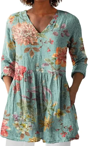 Summer 3/4 Sleeve Womens Tops V Neck Tunic Shirts Vintage Oversized T-Shirt Casual Baggy Boho Blouses Peasant Dress