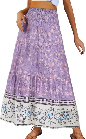 Summer Bohemian Skirts for Women 2025 Smocked High Waisted Ruffled Flowy Skirt Summer Casual Aline Long Dress Skorts