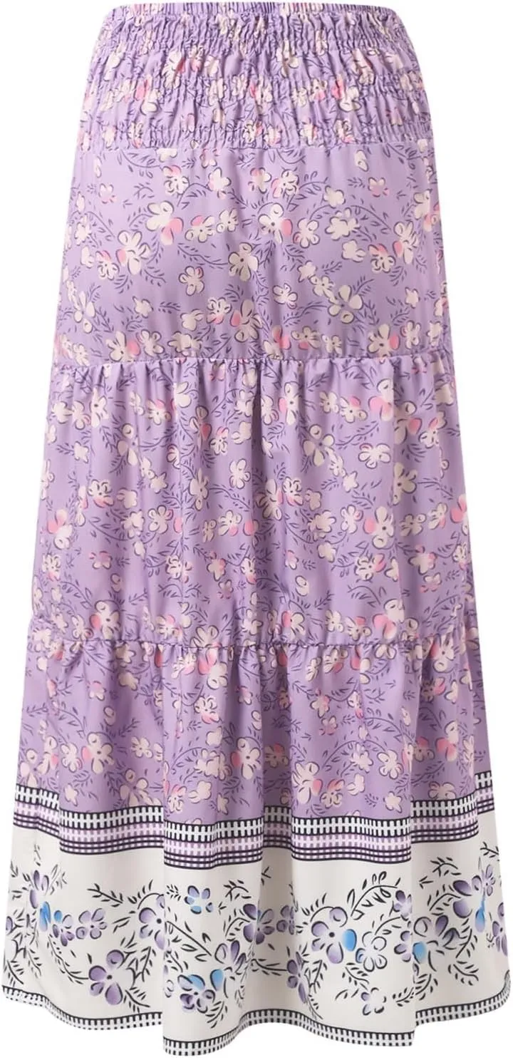 Summer Bohemian Skirts for Women 2025 Smocked High Waisted Ruffled Flowy Skirt Summer Casual Aline Long Dress Skorts