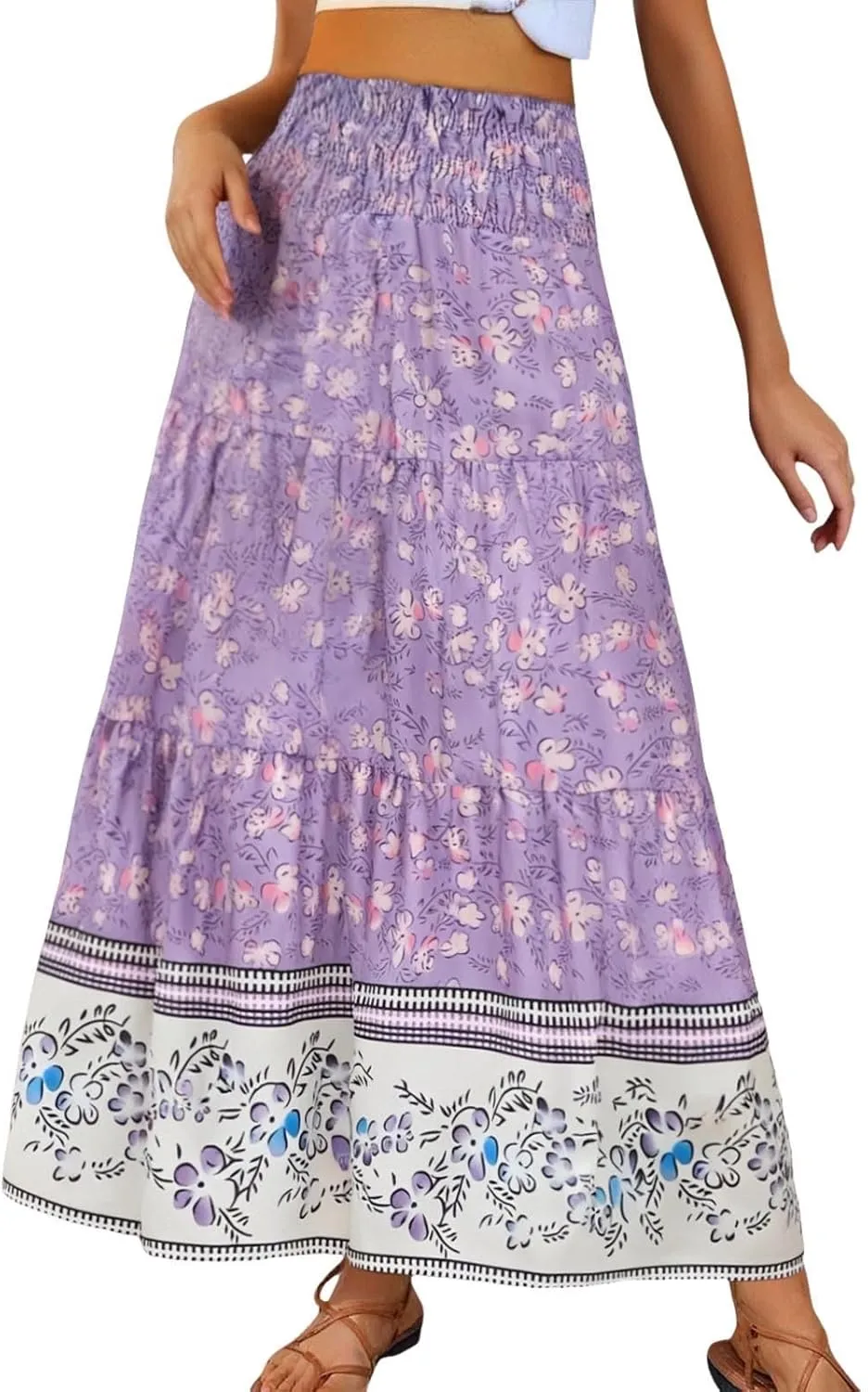 Summer Bohemian Skirts for Women 2025 Smocked High Waisted Ruffled Flowy Skirt Summer Casual Aline Long Dress Skorts