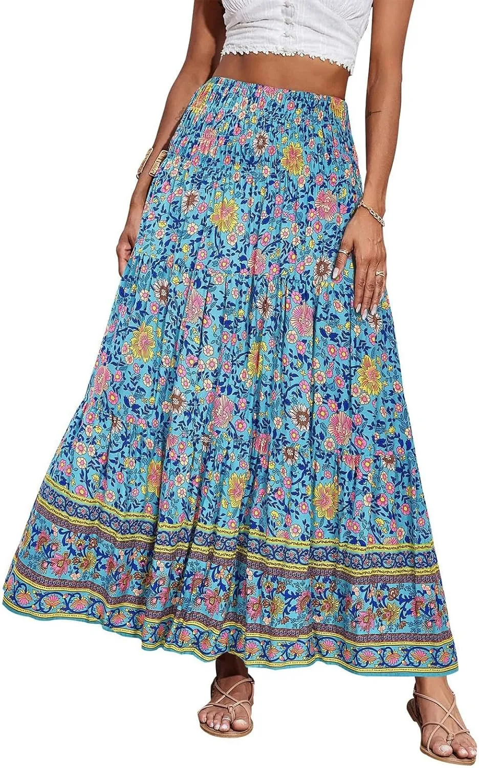 Summer Maxi Skirt for Women Layered Tiered Elastic High Waisted Skirt Smocked A Line Skirts Cute Skirts Long