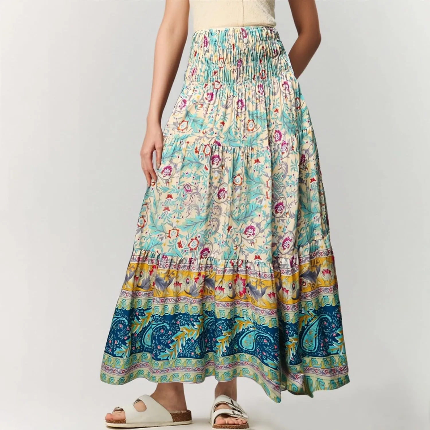Summer Maxi Skirt for Women Layered Tiered Elastic High Waisted Skirt Smocked A Line Skirts Cute Skirts Long