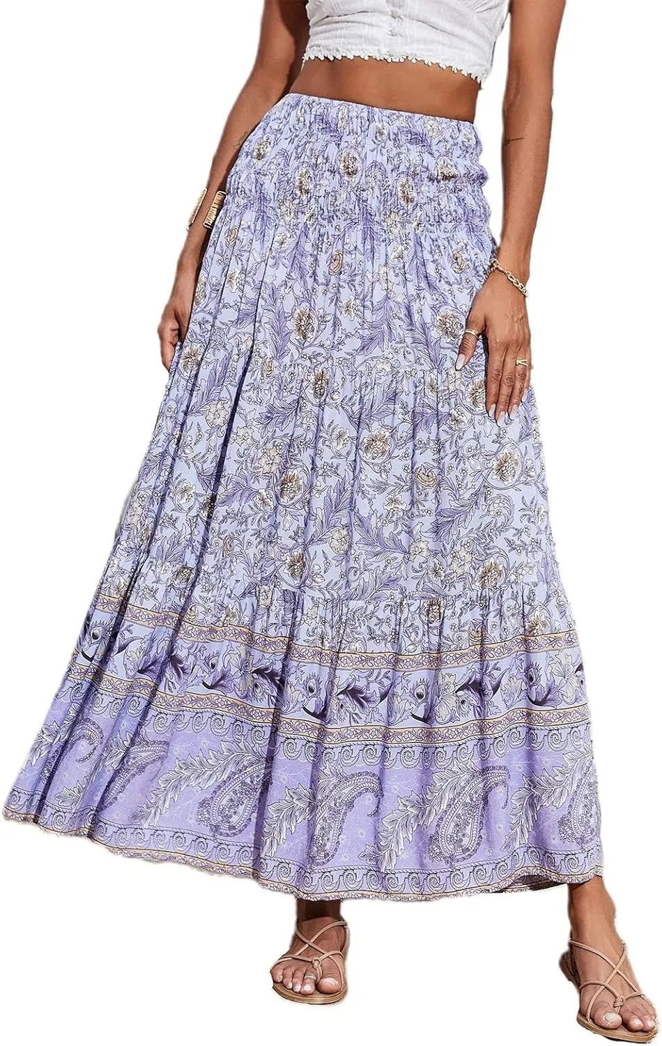 Summer Maxi Skirt for Women Layered Tiered Elastic High Waisted Skirt Smocked A Line Skirts Cute Skirts Long