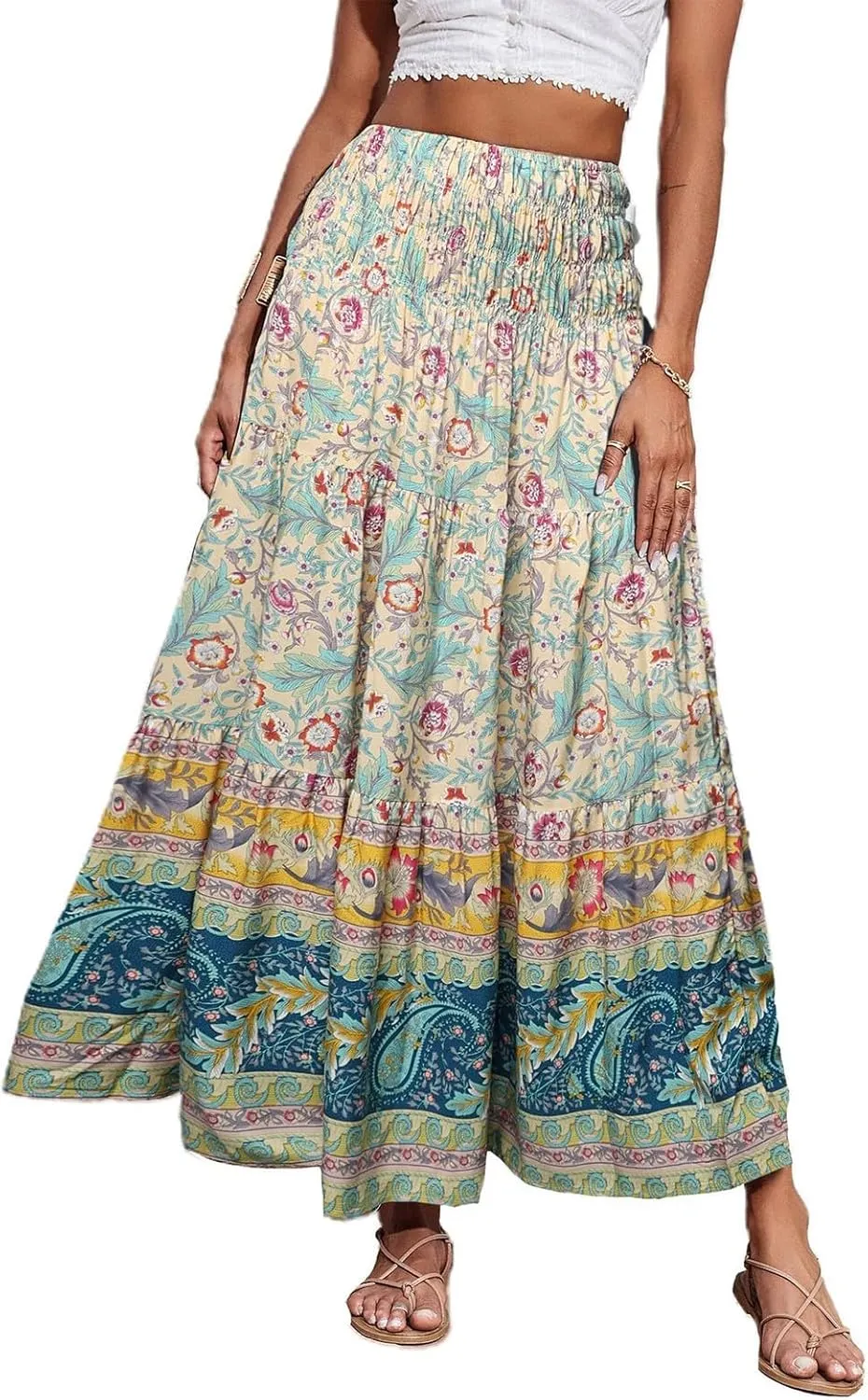 Summer Maxi Skirt for Women Layered Tiered Elastic High Waisted Skirt Smocked A Line Skirts Cute Skirts Long