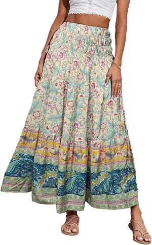 Summer Maxi Skirt for Women Layered Tiered Elastic High Waisted Skirt Smocked A Line Skirts Cute Skirts Long