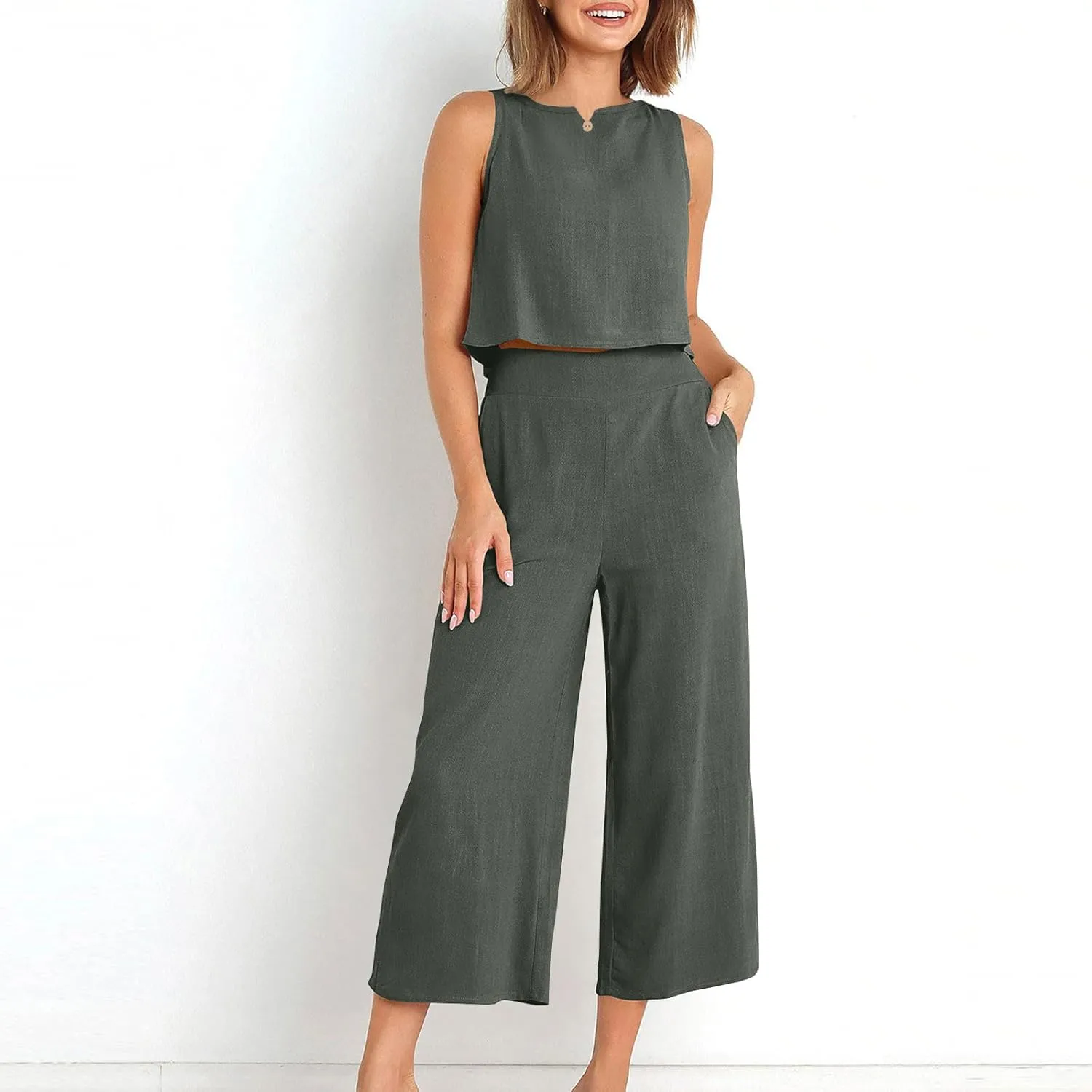 Summer Outfits for Women 2 Piece Cotton Linen Sleeveless Crop Top Capri Wide Leg Pants Lounge Beach Travel Sets