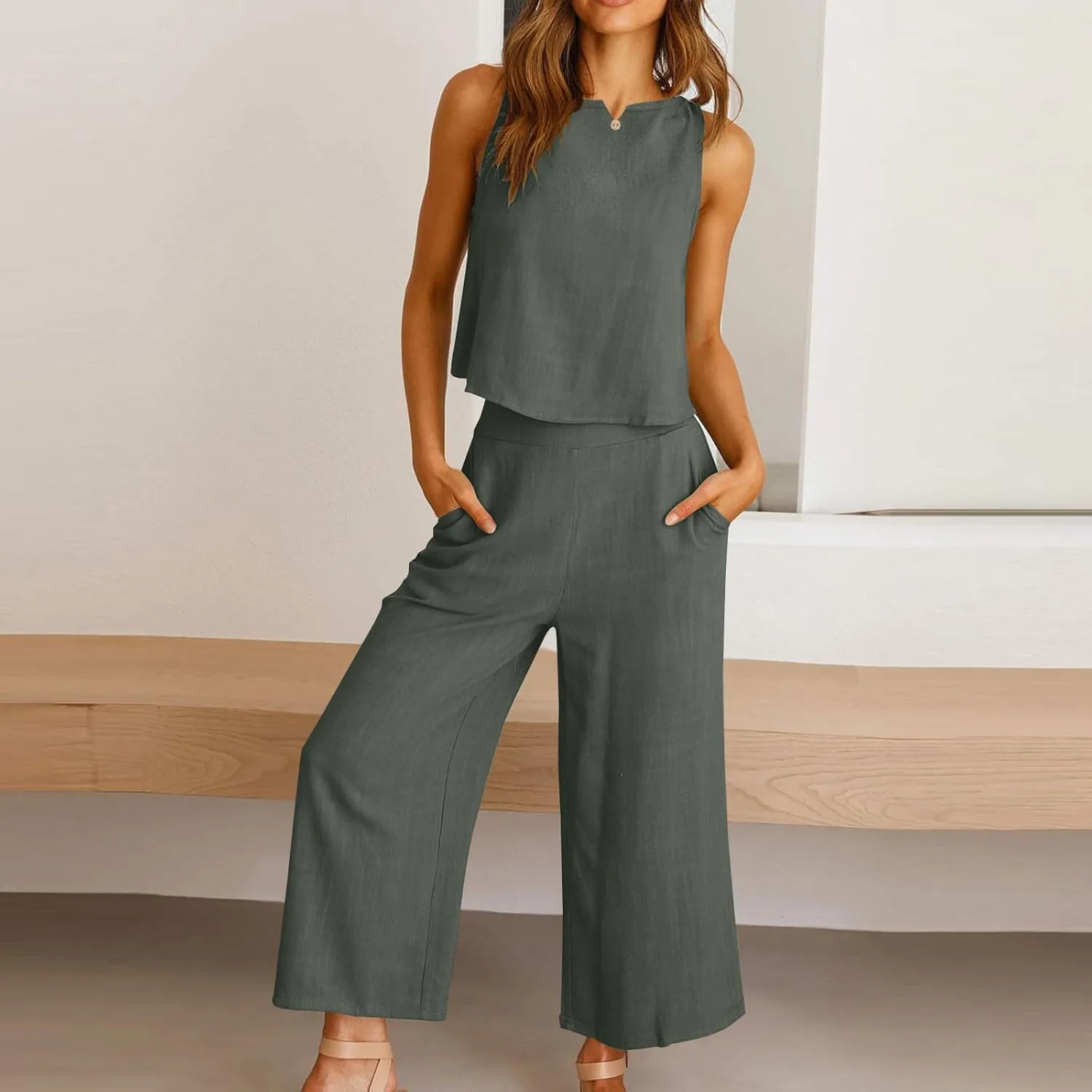 Summer Outfits for Women 2 Piece Cotton Linen Sleeveless Crop Top Capri Wide Leg Pants Lounge Beach Travel Sets