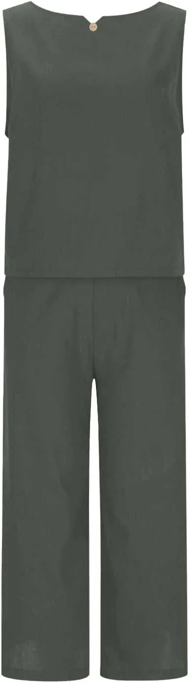 Summer Outfits for Women 2 Piece Cotton Linen Sleeveless Crop Top Capri Wide Leg Pants Lounge Beach Travel Sets