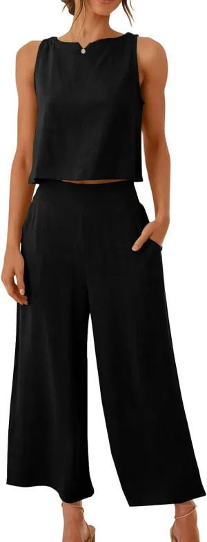 Summer Outfits for Women 2 Piece Cotton Linen Sleeveless Crop Top Capri Wide Leg Pants Lounge Beach Travel Sets