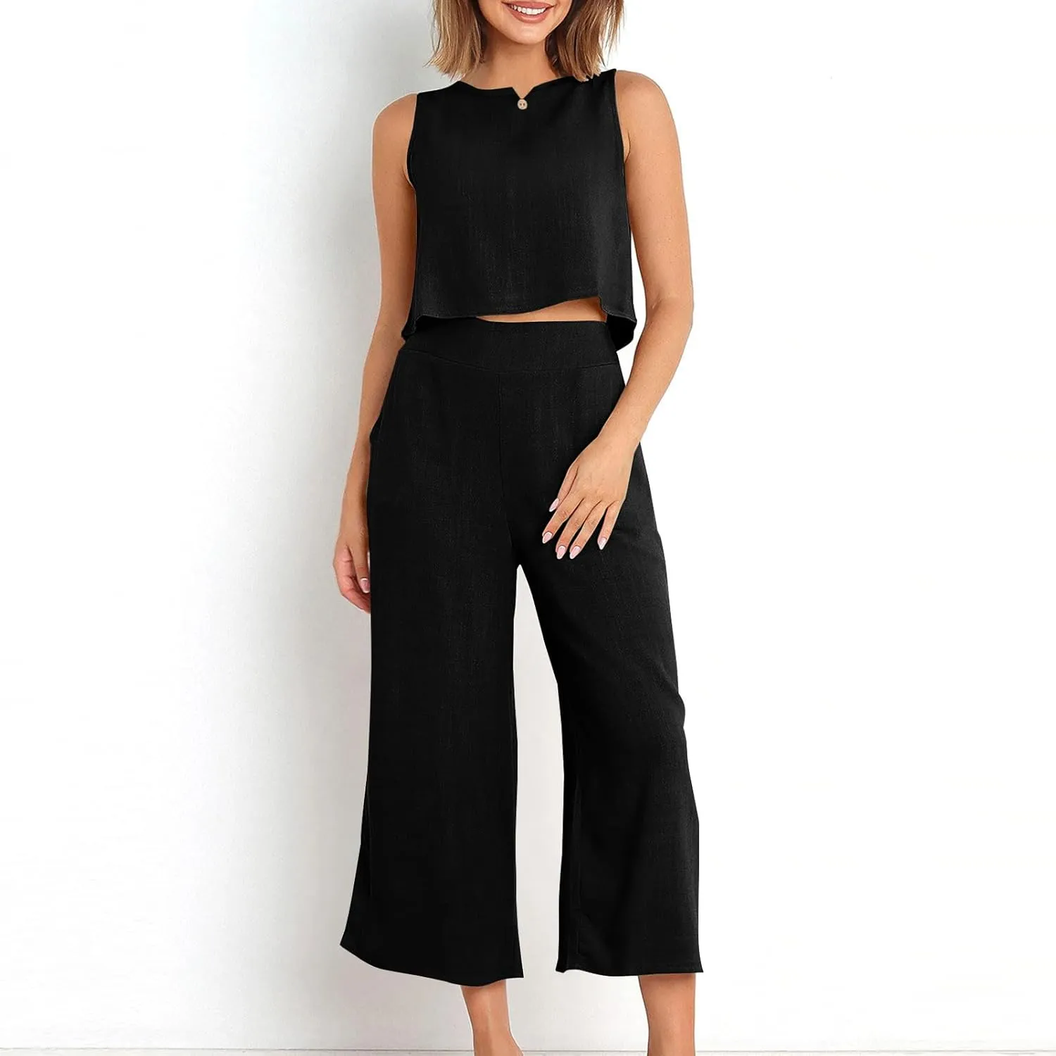 Summer Outfits for Women 2 Piece Cotton Linen Sleeveless Crop Top Capri Wide Leg Pants Lounge Beach Travel Sets