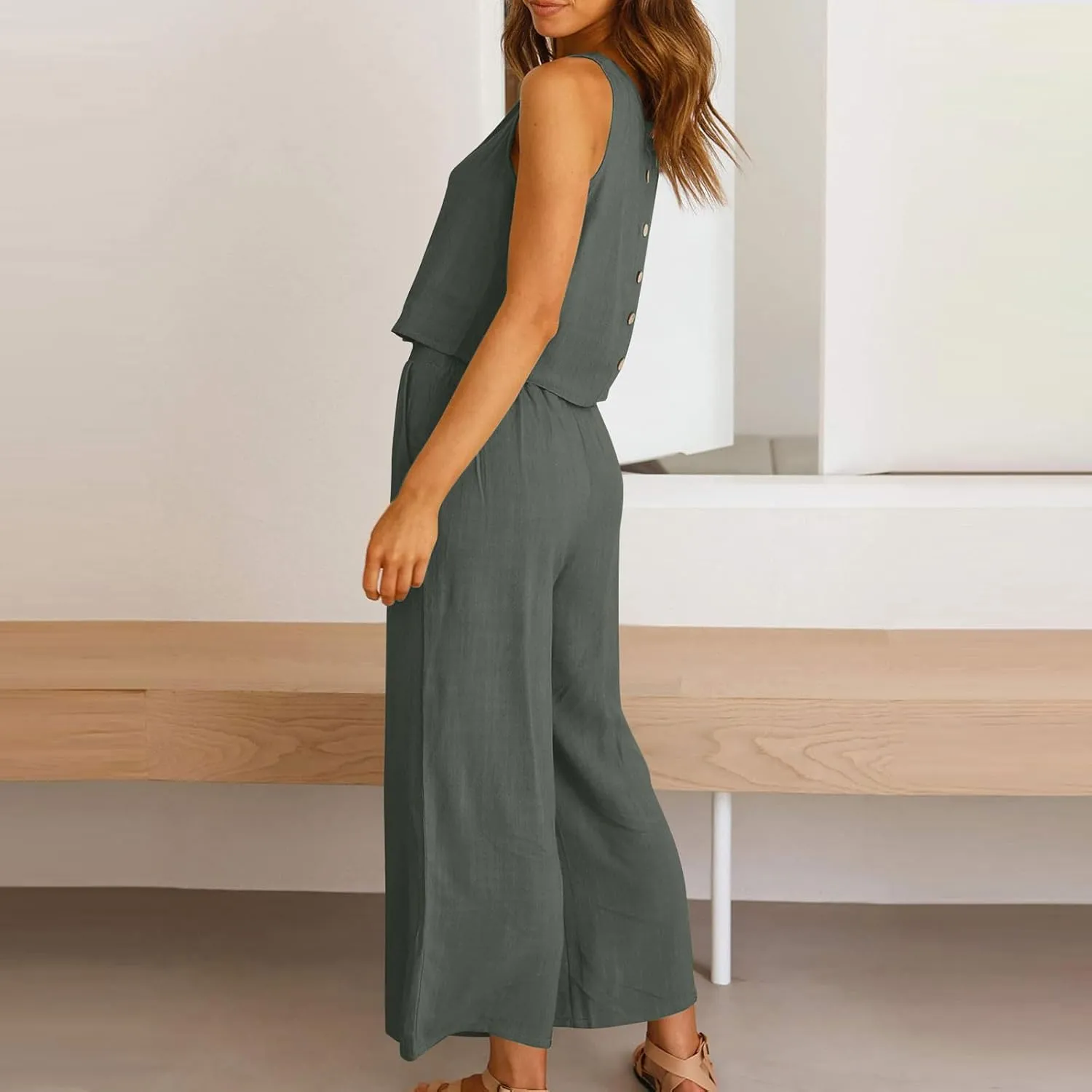 Summer Outfits for Women 2 Piece Cotton Linen Sleeveless Crop Top Capri Wide Leg Pants Lounge Beach Travel Sets
